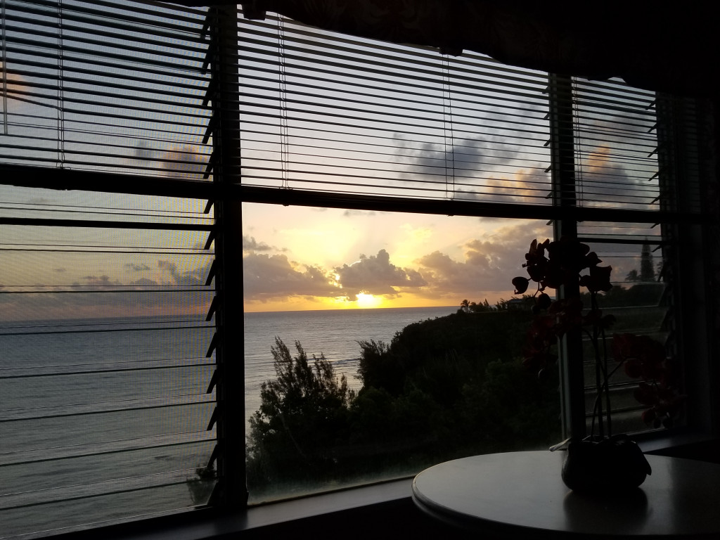 Shows private sunrise viewing from bed Sunrise as seen from master bed of the best condo in Kauai