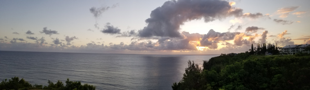 Shows panoramic oceanfront sunrise Best condo in Kauai: HollysKauaiCondo with panoramic oceanfront view.