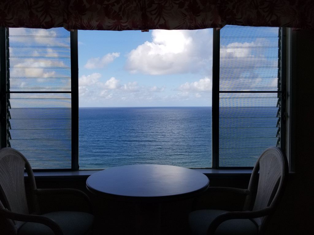 Shows oceanfront view from master sitting space Panoramic oceanfront view from master bedroom of the best condo in Kauai
